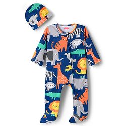Babyhug Cotton Knit Full Sleeves Footed Sleepsuit With Jungle Theme Print & Cap - Navy Blue