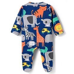 Babyhug Cotton Knit Full Sleeves Footed Sleepsuit With Jungle Theme Print & Cap - Navy Blue