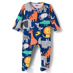 Babyhug Cotton Knit Full Sleeves Footed Sleepsuit With Jungle Theme Print & Cap - Navy Blue