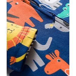 Babyhug Cotton Knit Full Sleeves Footed Sleepsuit With Jungle Theme Print & Cap - Navy Blue