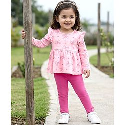 Babyhug Single Jersey Knit Full Sleeves Top & Leggings Set With Bow & Heart Print - Pink