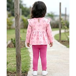 Babyhug Single Jersey Knit Full Sleeves Top & Leggings Set With Bow & Heart Print - Pink