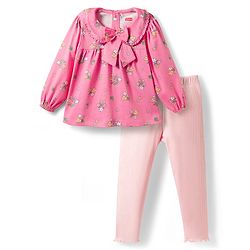Babyhug Single Jersey Knit Full Sleeves Floral Printed Top & Leggings Set with Bow Applique - Pink