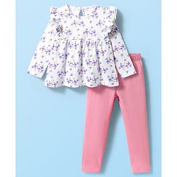 Babyhug Single Jersey Knit Full Sleeves Floral Printed Top & Leggings Set - White & Pink