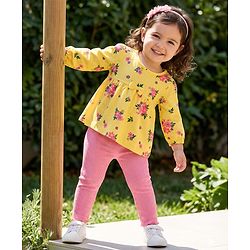 Babyhug Single Jersey Knit Full Sleeves Top & Leggings Set With Floral Print - Yellow & Pink
