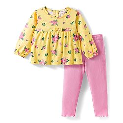Babyhug Single Jersey Knit Full Sleeves Top & Leggings Set With Floral Print - Yellow & Pink