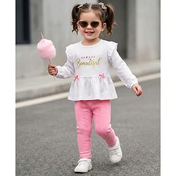 Babyhug Single Jersey Knit Full Sleeves Text Embroidery Top with Bow Applique & Leggings Set - Pink & White