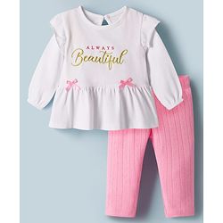 Babyhug Single Jersey Knit Full Sleeves Text Embroidery Top with Bow Applique & Leggings Set - Pink & White