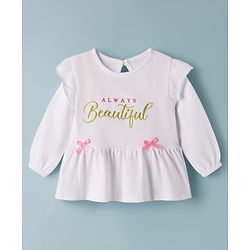 Babyhug Single Jersey Knit Full Sleeves Text Embroidery Top with Bow Applique & Leggings Set - Pink & White