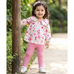 Babyhug Single Jersey Knit Full Sleeves Top & Leggings Set With Floral Print - Multicolor