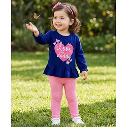 Babyhug Single Jersey Knit Full Sleeves Heart & Text Printed Top & Leggings Set - Blue & Pink