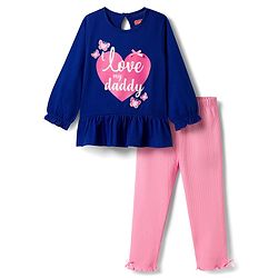 Babyhug Single Jersey Knit Full Sleeves Heart & Text Printed Top & Leggings Set - Blue & Pink
