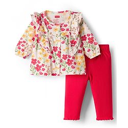 Babyhug Single Jersey Knit Full Sleeves Top & Leggings Set With Floral Print - Multicolor
