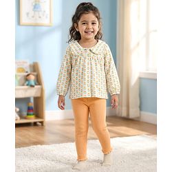 Babyhug Single Jersey Knit Full Sleeves Floral Printed Top & Leggings Set - Orange