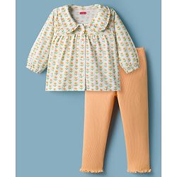 Babyhug Single Jersey Knit Full Sleeves Floral Printed Top & Leggings Set - Orange