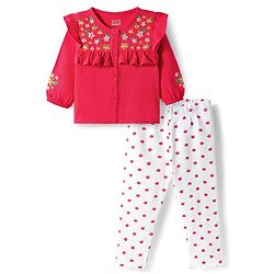 Babyhug Single Jersey Knit Full Sleeves Top & Leggings Set With Floral Embroidery & Print - Red & White