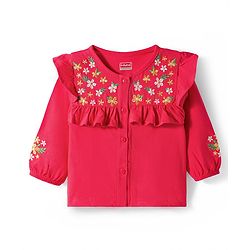 Babyhug Single Jersey Knit Full Sleeves Top & Leggings Set With Floral Embroidery & Print - Red & White
