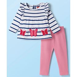 Babyhug Single Jersey Knit Full Sleeves Striped Top & Leggings Set with Butterfly Embroidery - Pink & Blue