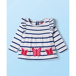 Babyhug Single Jersey Knit Full Sleeves Striped Top & Leggings Set with Butterfly Embroidery - Pink & Blue