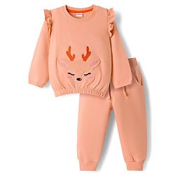 Babyhug Terry Knit Full Sleeves Deer Embroidered Top with Frill Detailing & Trouser - Peach