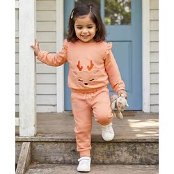Babyhug Terry Knit Full Sleeves Deer Embroidered Top with Frill Detailing & Trouser - Peach