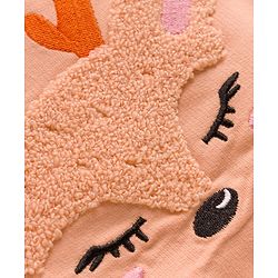 Babyhug Terry Knit Full Sleeves Deer Embroidered Top with Frill Detailing & Trouser - Peach