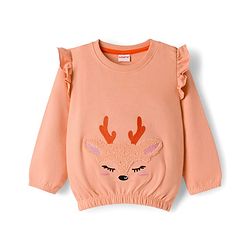 Babyhug Terry Knit Full Sleeves Deer Embroidered Top with Frill Detailing & Trouser - Peach