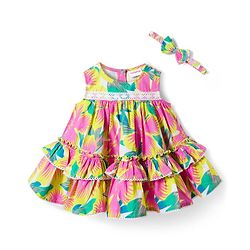 Babyhug Cotton Woven Sleeveless Floral Printed Frock With Lace Detailing & Headband - Multicolor