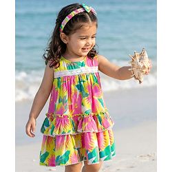 Babyhug Cotton Woven Sleeveless Floral Printed Frock With Lace Detailing & Headband - Multicolor