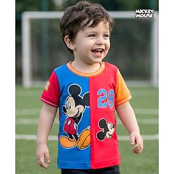 Babyhug Disney Single Jersey Knit Half Sleeves Cut & Sew T-Shirt with Mickey Mouse Graphic - Multicolor