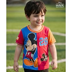 Babyhug Disney Single Jersey Knit Half Sleeves Cut & Sew T-Shirt with Mickey Mouse Graphic - Multicolor