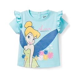 Babyhug Disney Single Jersey Knit Half Sleeves T-Shirt with Tinker Bell Graphic & Glitter Detailing - Light Blue