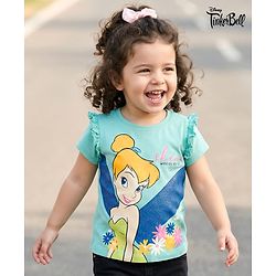 Babyhug Disney Single Jersey Knit Half Sleeves T-Shirt with Tinker Bell Graphic & Glitter Detailing - Light Blue