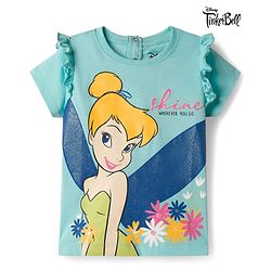 Babyhug Disney Single Jersey Knit Half Sleeves T-Shirt with Tinker Bell Graphic & Glitter Detailing - Light Blue