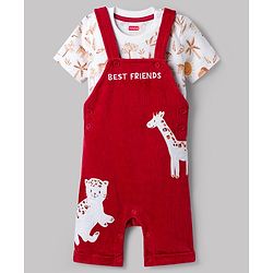 Babyhug Single Jersey Knit Half Sleeves T-Shirt & Dungarees with Jungle Safari Theme Print & Embroidery - Maroon