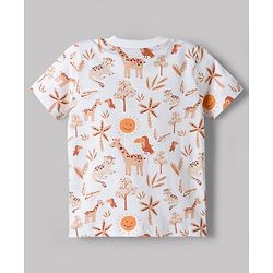 Babyhug Single Jersey Knit Half Sleeves T-Shirt & Dungarees with Jungle Safari Theme Print & Embroidery - Maroon