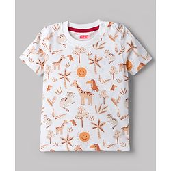 Babyhug Single Jersey Knit Half Sleeves T-Shirt & Dungarees with Jungle Safari Theme Print & Embroidery - Maroon
