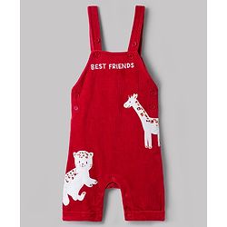 Babyhug Single Jersey Knit Half Sleeves T-Shirt & Dungarees with Jungle Safari Theme Print & Embroidery - Maroon