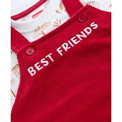 Babyhug Single Jersey Knit Half Sleeves T-Shirt & Dungarees with Jungle Safari Theme Print & Embroidery - Maroon