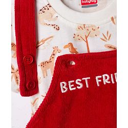 Babyhug Single Jersey Knit Half Sleeves T-Shirt & Dungarees with Jungle Safari Theme Print & Embroidery - Maroon
