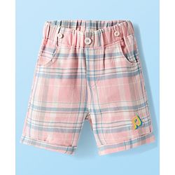 Babyhug Single Jersey Knit Half Sleeves Teddy Bear Printed Polo T-Shirt & Checks Shorts Set With Bow Applique & Suspender - White