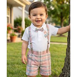 Babyhug Single Jersey Knit Half Sleeves Teddy Bear Printed Polo T-Shirt & Checks Shorts Set With Bow Applique & Suspender - White