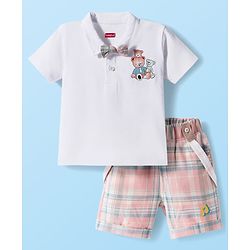 Babyhug Single Jersey Knit Half Sleeves Teddy Bear Printed Polo T-Shirt & Checks Shorts Set With Bow Applique & Suspender - White