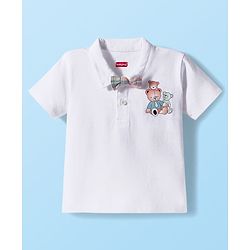 Babyhug Single Jersey Knit Half Sleeves Teddy Bear Printed Polo T-Shirt & Checks Shorts Set With Bow Applique & Suspender - White