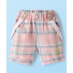 Babyhug Single Jersey Knit Half Sleeves Teddy Bear Printed Polo T-Shirt & Checks Shorts Set With Bow Applique & Suspender - White