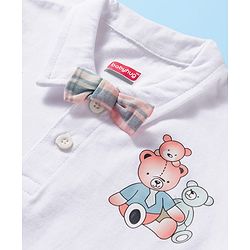 Babyhug Single Jersey Knit Half Sleeves Teddy Bear Printed Polo T-Shirt & Checks Shorts Set With Bow Applique & Suspender - White