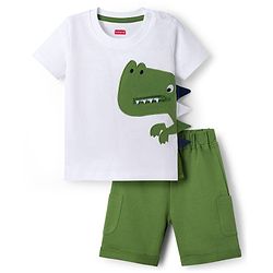 Babyhug 100% Cotton Knit Half Sleeves Dino Printed T-Shirt & Shorts Set - White & Green