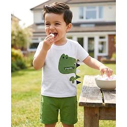 Babyhug 100% Cotton Knit Half Sleeves Dino Printed T-Shirt & Shorts Set - White & Green