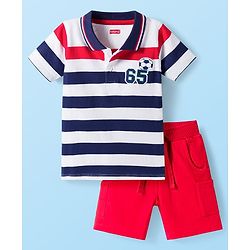 Babyhug Single Jersey Knit Half Sleeves Striped Polo T-Shirt & Shorts Set - Red