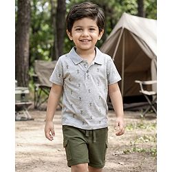 Babyhug 100% Cotton Half Sleeves Cactus Printed Polo T-Shirt & Short Set - Grey & Dark Green